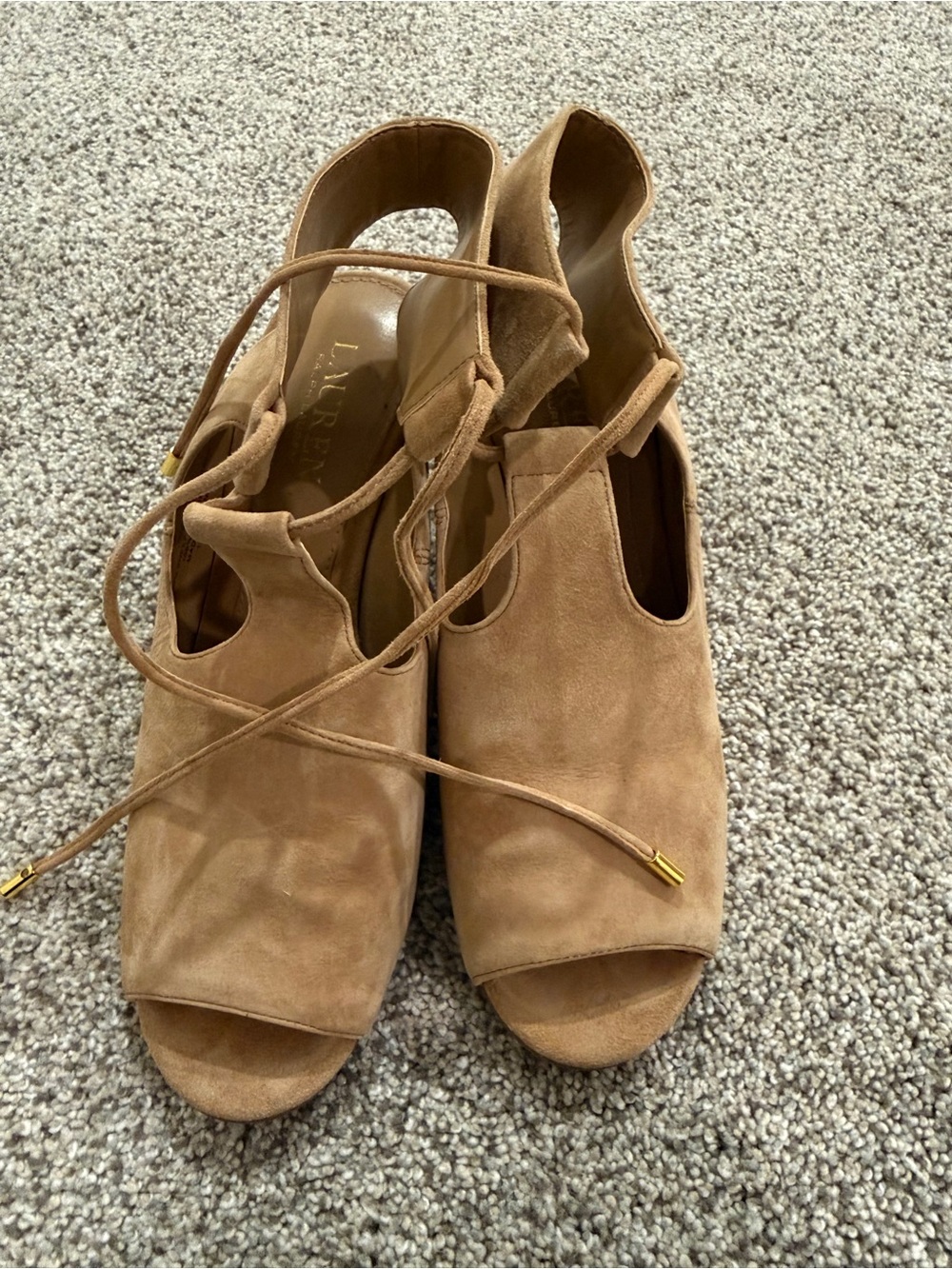 Ralph Lauren Suede Lace-Up Peep Toe Heels in Tan